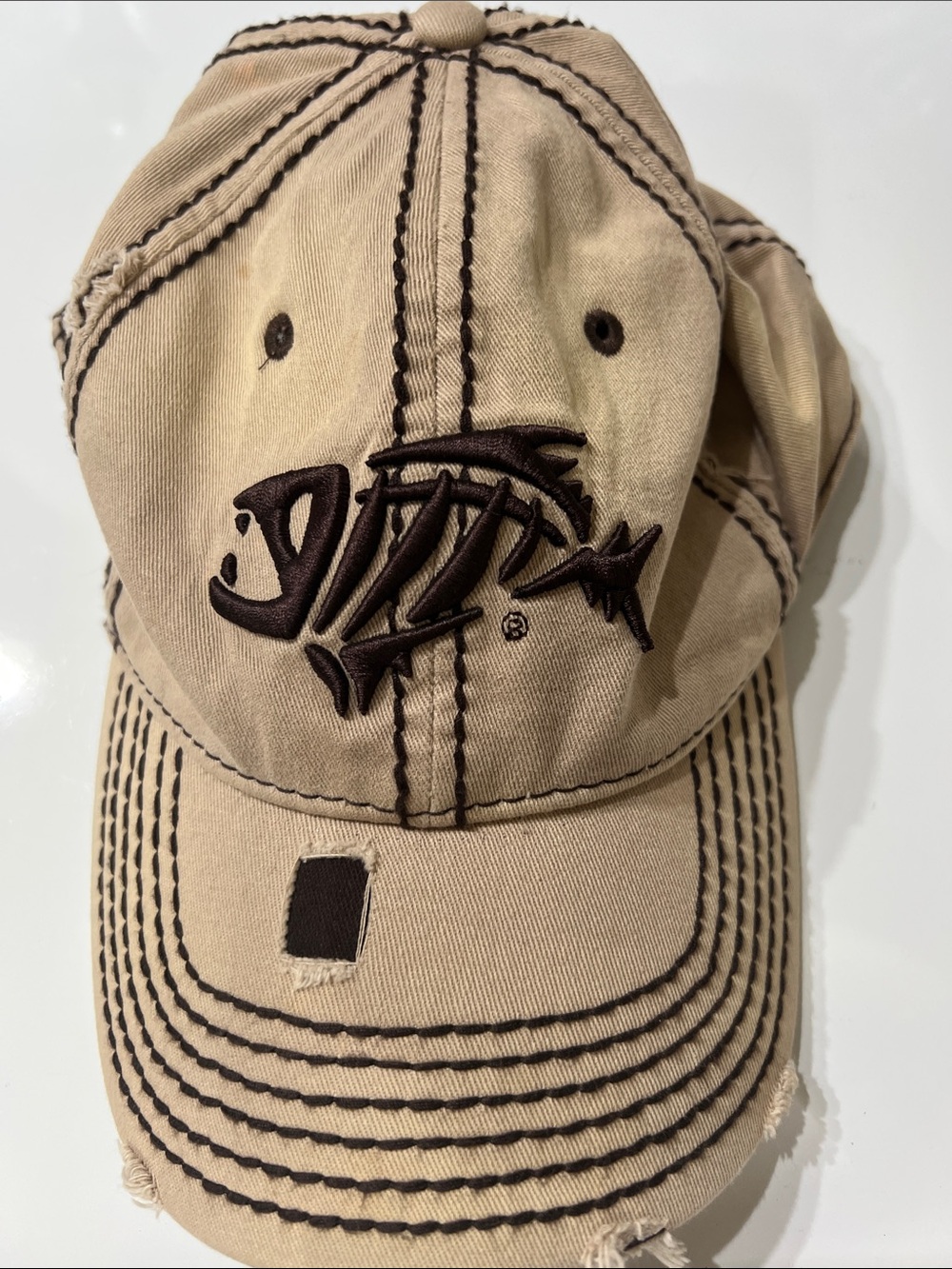 G Loomis Distressed Tan Baseball Cap with Black Fish Skeleton Embroidery S/M